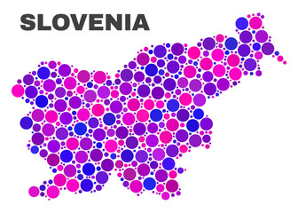 Mosaic Slovenia map isolated on a white background. Vector geographic abstraction in pink and violet colors. Mosaic of Slovenia map combined of scattered spheric dots.