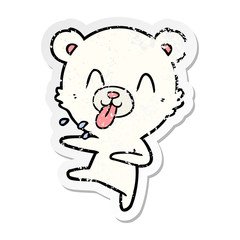 distressed sticker of a rude cartoon dancing polar bear sticking out tongue