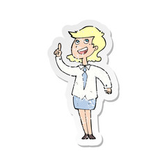 retro distressed sticker of a cartoon businesswoman with idea