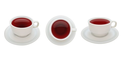 Hot tea, three Cup positions with saucer, isolated, realistic vector. EPS10