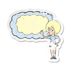 retro distressed sticker of a cartoon woman with cloud text space