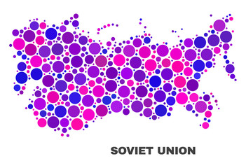 Mosaic Soviet Union map isolated on a white background. Vector geographic abstraction in pink and violet colors. Mosaic of Soviet Union map combined of scattered circle dots.