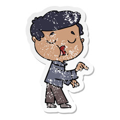 distressed sticker of a cartoon man talking