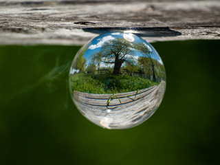 Landscape reflected in a crystal ball on an old wooden table