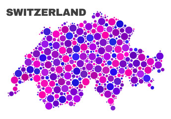 Mosaic Switzerland map isolated on a white background. Vector geographic abstraction in pink and violet colors. Mosaic of Switzerland map combined of scattered circle points.