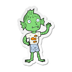 sticker of a cartoon waving fish boy