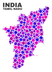 Mosaic Tamil Nadu State map isolated on a white background. Vector geographic abstraction in pink and violet colors. Mosaic of Tamil Nadu State map combined of random spheric elements.