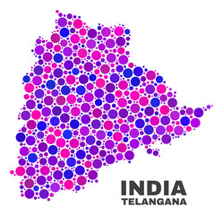 Mosaic Telangana State map isolated on a white background. Vector geographic abstraction in pink and violet colors. Mosaic of Telangana State map combined of scattered circle points.