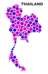 Mosaic Thailand map isolated on a white background. Vector geographic abstraction in pink and violet colors. Mosaic of Thailand map combined of random spheric points.