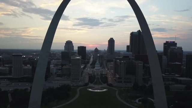 Aerial, view of St Louis, Missouri through the Gateway Arch