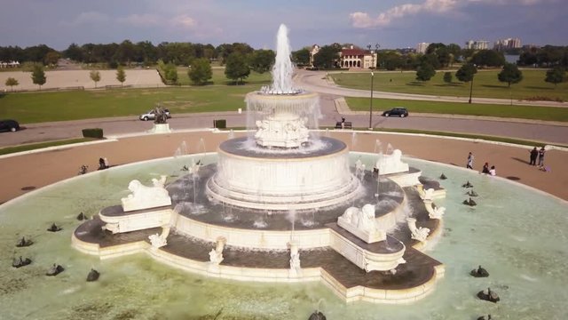 Water flows at memorial fountain in Detroit, Michigan, aerial
