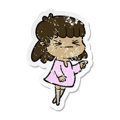 distressed sticker of a cartoon angry girl