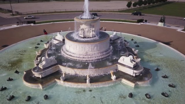 Aerial, view of James Scott Memorial Fountain in Detroit, Michigan