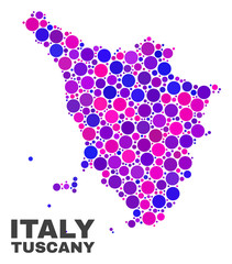 Mosaic Tuscany region map isolated on a white background. Vector geographic abstraction in pink and violet colors. Mosaic of Tuscany region map combined of random round items.