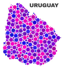 Mosaic Uruguay map isolated on a white background. Vector geographic abstraction in pink and violet colors. Mosaic of Uruguay map combined of random round dots.