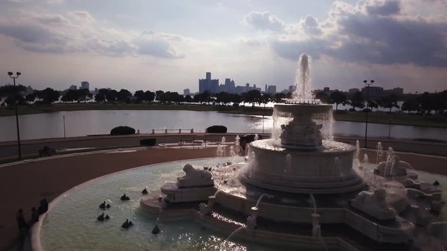 Aerial, memorial fountain runs in Detroit, Michigan