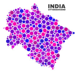 Mosaic Uttarakhand State map isolated on a white background. Vector geographic abstraction in pink and violet colors. Mosaic of Uttarakhand State map combined of random circle items.