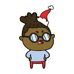 line drawing of a annoyed woman wearing santa hat