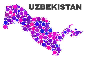 Mosaic Uzbekistan map isolated on a white background. Vector geographic abstraction in pink and violet colors. Mosaic of Uzbekistan map combined of scattered circle elements.