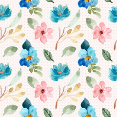 blue pink floral watercolor and dot seamless pattern