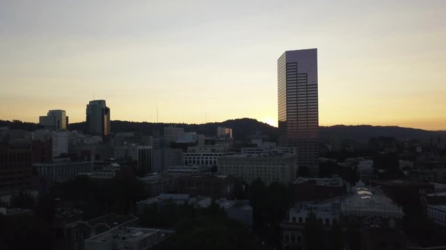 Aerial, view of Portland, Oregon at sunrise