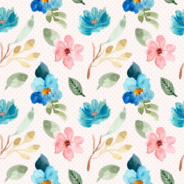 Blue Pink Floral Watercolor And Dot Seamless Pattern