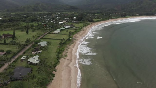 Aerial, beach in Hanalei Bay, Hawaii