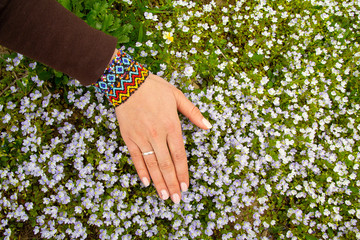 Female hand with bracelet and wildflowers. Spring