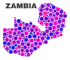 Mosaic Zambia map isolated on a white background. Vector geographic abstraction in pink and violet colors. Mosaic of Zambia map combined of scattered round elements.