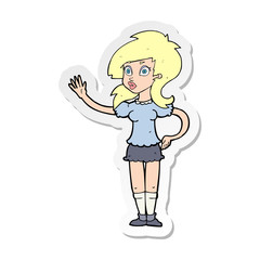 sticker of a cartoon pretty woman waving for attention