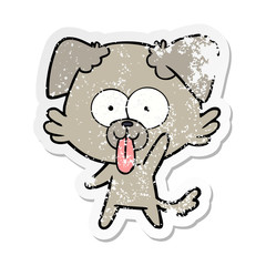 distressed sticker of a cartoon dog with tongue sticking out