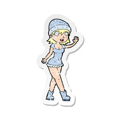 retro distressed sticker of a cartoon pretty girl in hat waving