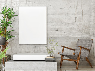 Mock up poster, Hipster living room, concrete background, 3d render, 3d illustration