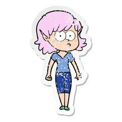 distressed sticker of a cartoon elf girl staring