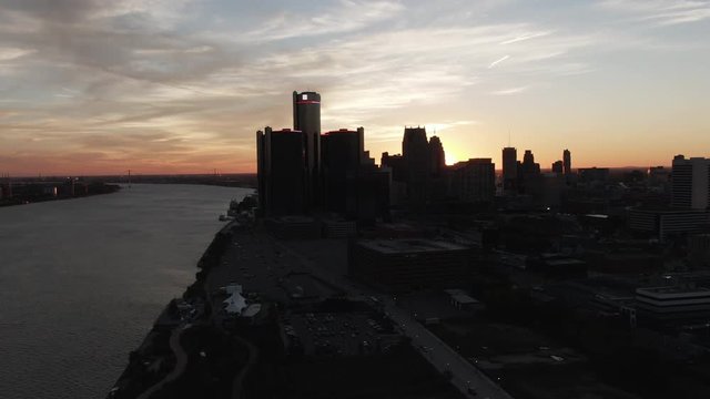Skyscrapers in Detroit, Michigan sunset
