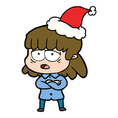 line drawing of a tired woman wearing santa hat