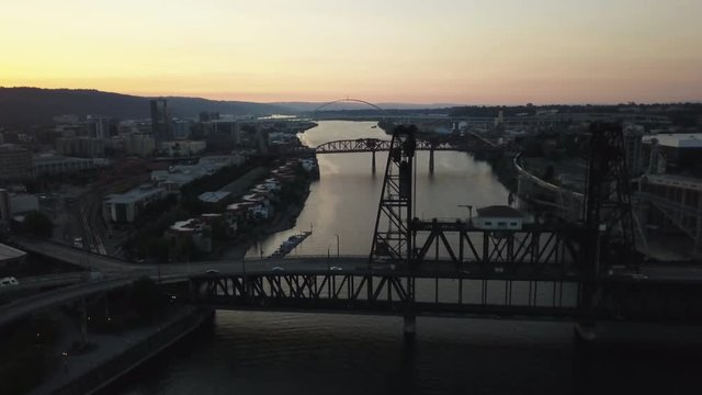 Bridges in Portland, Oregon at sunrise, aerial view