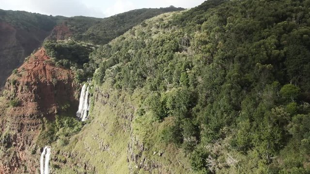 Aerial, Waipoo Falls at Wamiea Canyon State Park in Hawaii