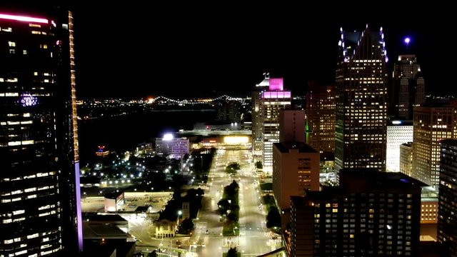 Aerial timelapse, Detroit, Michigan at night