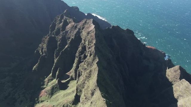 Aerial, view of mountain's peak in Hawaiian state park