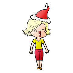 gradient cartoon of a happy woman wearing santa hat