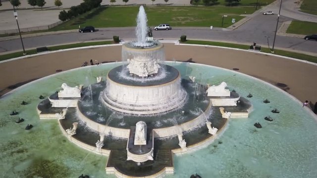 Aerial, fountain in Detroit, Michigan