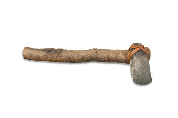 Lithic axe with wooden handle and leather strapping