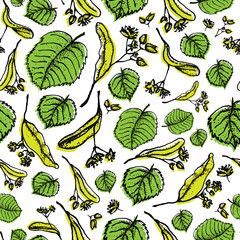 Linden hand drawn seamless pattern lino cut style illustration. Linden tree blossom and leafs sketch drawing. Vector floral elements for design on white background.