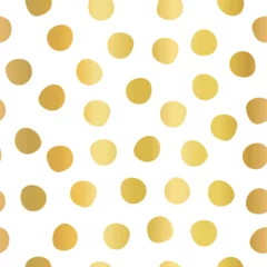 Hand drawn polka dots gold foil on white seamless vector background. Golden circles repeating pattern. Elegant backdrop. Use for invitation, celebration, card, banner, birthday, party, wedding, decor © StockArtRoom