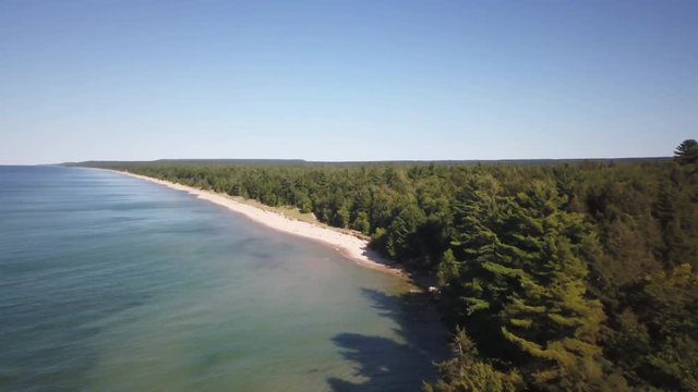 View of woods at lake's shore in Munising Township, Michigan, aerial