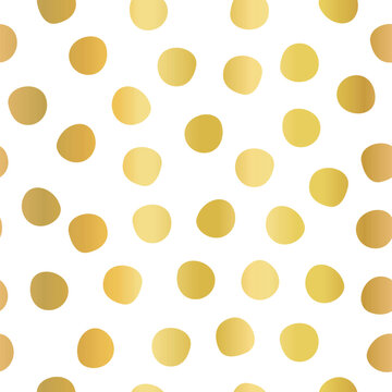Hand drawn polka dots gold foil on white seamless vector background. Golden circles repeating pattern. Elegant backdrop. Use for invitation, celebration, card, banner, birthday, party, wedding, decor