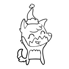 happy line drawing of a fox wearing santa hat
