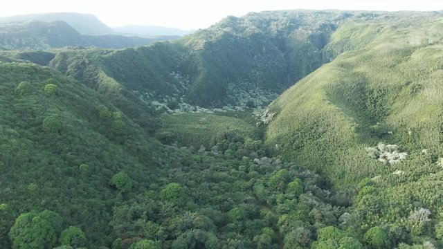 Aerial, lush valley in Haleakala National Park in Hana, Hawaii