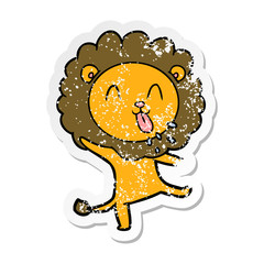 distressed sticker of a happy cartoon lion